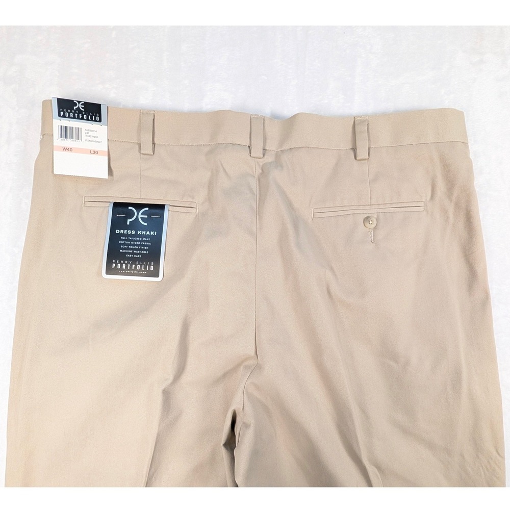 Perry Ellis Portfolio Mens 40x30 Pleated Cuffed Dress Khaki Pants Tan Beige NEW - Picture 4 of 12